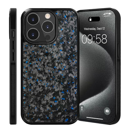 iPhone carbon case with black and blue pattern on a white background