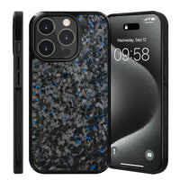 iPhone carbon case with black and blue pattern on a white background
