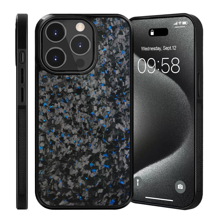 iPhone carbon case with black and blue pattern on a white background