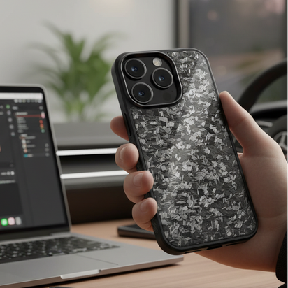 Person holding an iPhone with a carbon case in front of a laptop