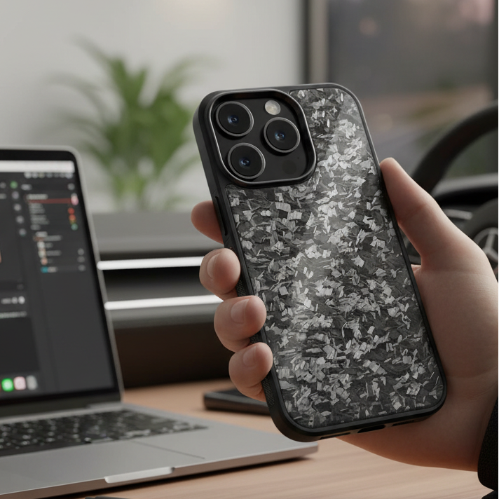 Person holding an iPhone with a carbon case in front of a laptop