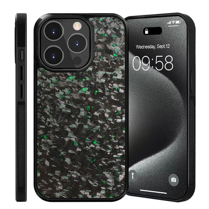 iPhone case with black and green speckled pattern on a white background
