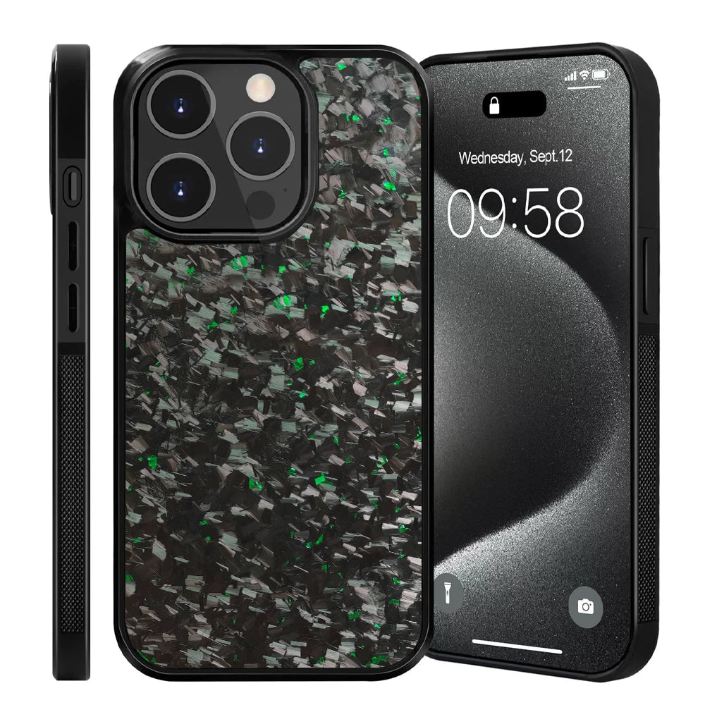iPhone case with black and green speckled pattern on a white background