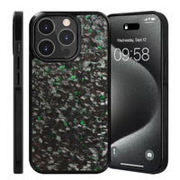 iPhone case with black and green speckled pattern on a white background